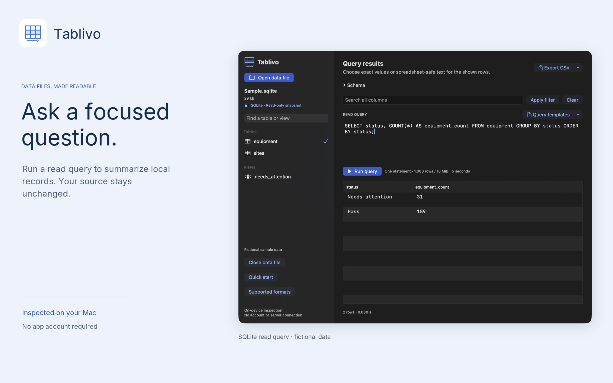 Tablivo for Mac query preview with fictional sample data